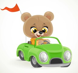 Fototapeta premium Cute cartoon baby bear rides a green little toy car for children isolated on white background