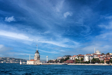 Fototapeta premium The Maiden Tower in Istanbul, Turkey on a clear day, with Bosphorus Bridge in background.