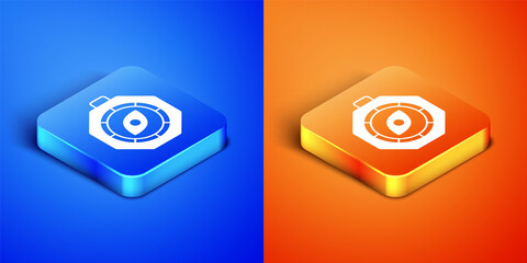 Isometric Compass icon isolated on blue and orange background. Windrose navigation symbol. Wind rose sign. Square button. Vector