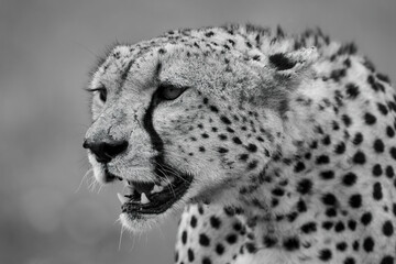 Fototapeta na wymiar Mono close-up of cheetah head on grassland