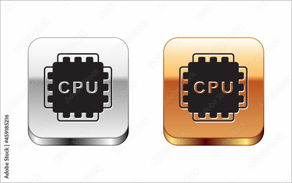 Poster black computer processor with microcircuits cpu icon isolated on white background. chip or cpu with 