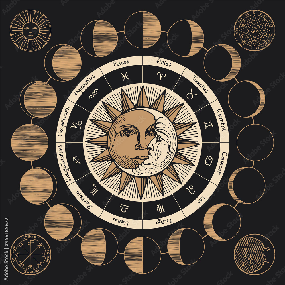 Wall mural Vector circle of the Zodiac signs with icons, names, constellations, moon phases, hand-drawn Sun and Moon on black background. Decorative banner in retro style on the theme of horoscopes and astrology