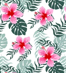 Foto op Plexiglas Tropical hibiscus flower design pattern, tropical vector pattern. © Deti