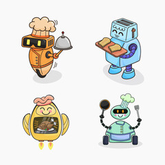 Chef Robot Character Cartoon Cute Hand Drawn Design Collection