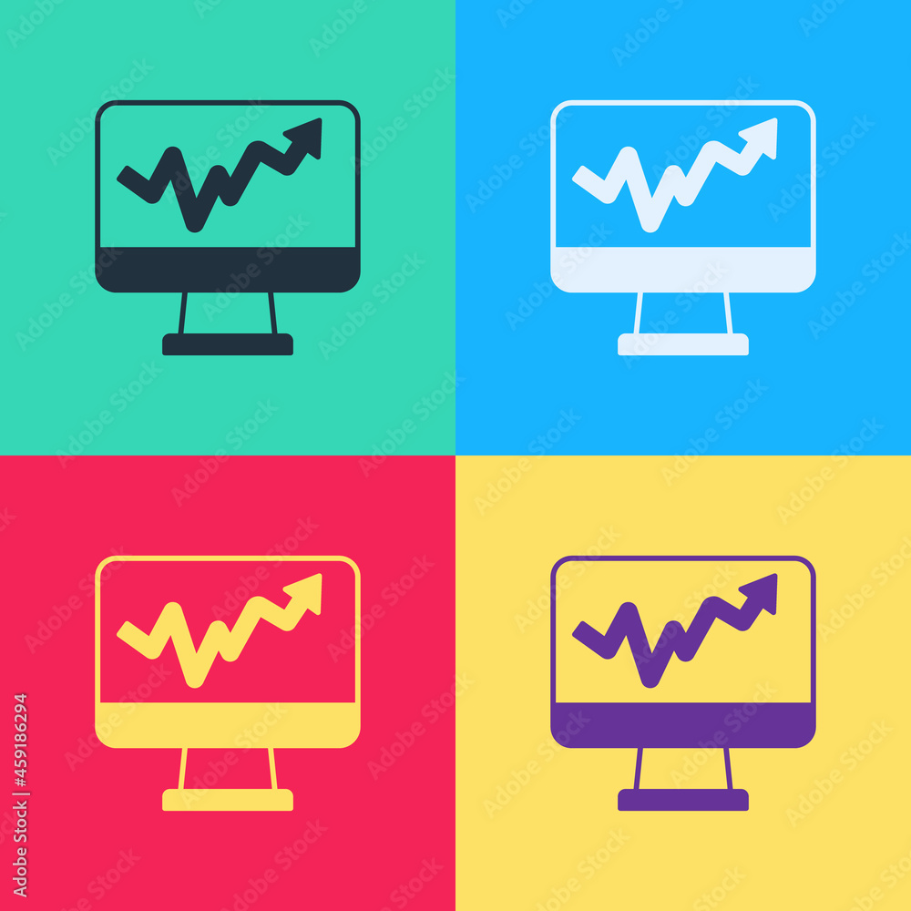 Aufkleber pop art computer monitor with graph chart icon isolated on color background. report text file icon. 