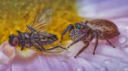 Immature daring jumping spider, Salticus, eating a fly on a blooming daisy