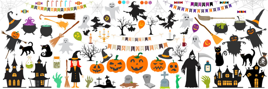 Big set of Halloween elements, with text, pumpkins, ghosts, monsters, zombie, death, candy, balloons. Isolated objects. Vector illustration. Happy Halloween