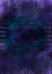 An abstract background with high tech green grid on a purple smoky background. 