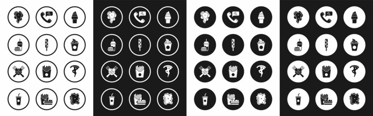 Set Ice cream in waffle cone, Paper glass with drinking straw and burger, Sandwich, Popcorn cardboard box, Food ordering pizza, Slice of and Crossed fork icon. Vector