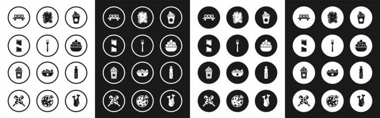 Set Popcorn in cardboard box, Fork, Soda can, Sushi on cutting, bowl, Sandwich, Bottle of water and icon. Vector