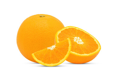 Whole, half with sliced of fresh orange fruit isolated on white background.