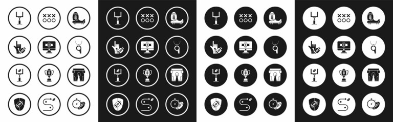 Fototapeta premium Set Soccer or football shoes with spikes, American on tv program, Number 1 one fan hand glove finger raised and american, goal post, Whistle, Planning strategy concept, shorts and icon. Vector