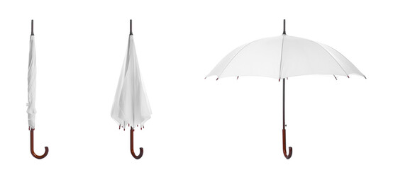 Set with stylish umbrellas on white background. Banner design