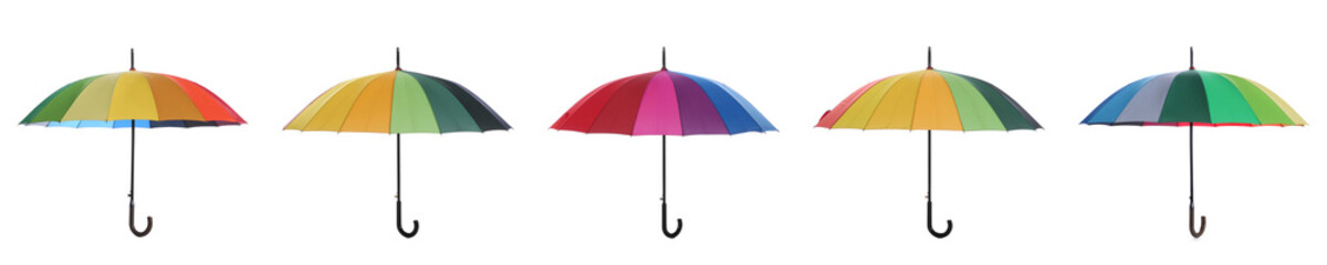 Set with different colorful umbrellas on white background. Banner design