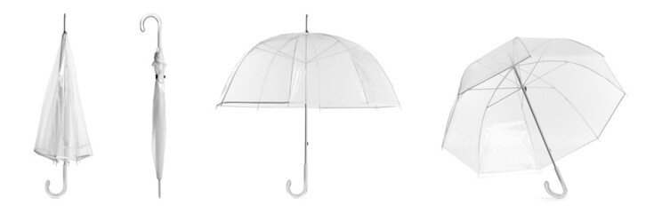 Set with transparent umbrellas on white background. Banner design