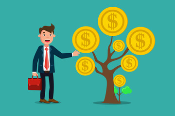 Businessman standing near money dollar coin tree , Money Growth ,Financial growth concept.