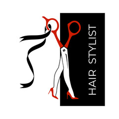 Hair Stylist. Scissors the concept of a hairdressing salon. Beauty salon logo. White with red scissors isolated on white background. Vector illustration.