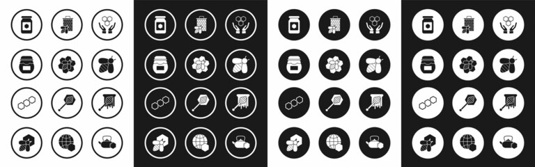 Set Honeycomb and hands, Bee honeycomb, Jar of, dipper stick with dripping and icon. Vector