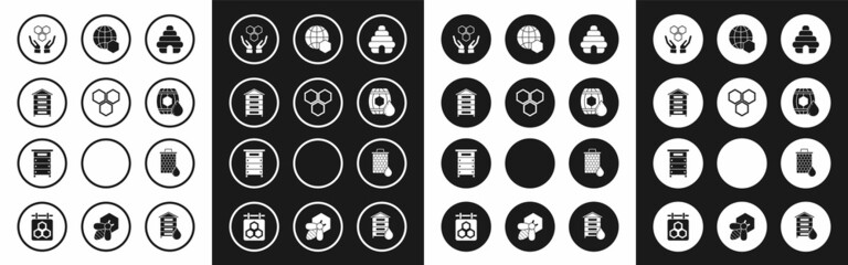 Set Hive for bees, Honeycomb, and hands, Wooden barrel with honey, map of the world, and icon. Vector
