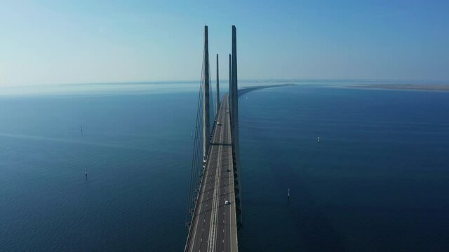 Panoramic aerial view of the Oresundsbron bridge between Denmark and Sweden. Close up view of the Oresund Bridge on a clear sunny day.