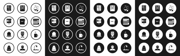 Set Test tube and flask chemical laboratory test, schedule, chart, diagram, infographic, pie graph, Board, Calendar, Exam paper incorrect answers survey, Coffee cup and Ringing bell icon. Vector