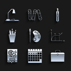 Set Paint brush with palette, Calendar, Briefcase, Pie chart infographic, Board, Pencil stationery, Stationery knife and Workplace table lamp and open book icon. Vector