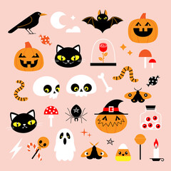 Vector set of Halloween cute characters and symbols such as pumpkin, skull, ghost, bat, black cat, candy corn, spider and crow.