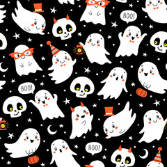 Vector Halloween seamless pattern with cute ghosts and skulls on black background