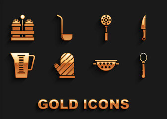 Set Oven glove, Knife, Spoon, Kitchen colander, Measuring cup, Spatula, Salt pepper and ladle icon. Vector