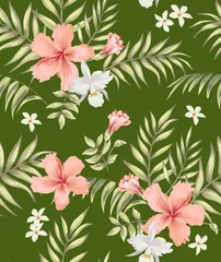 Fotobehang Tropical pattern with strelizia, hibiscus, palm leaves. Summer vector background for fabric, cover, print design. © Logunova  Elena