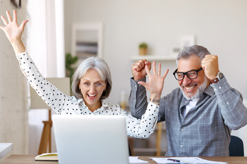 Happy senior couple celebrating success while sitting at table with open laptop at home