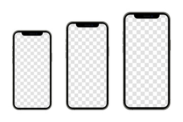 Realistic models smartphone with transparent screens. Smartphone mockup collection. Device front view. Vector illustration