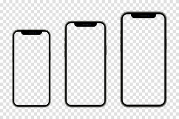 Realistic models smartphone with transparent screens. Smartphone mockup collection. Device front view. Vector illustration