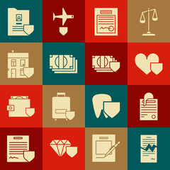 Set Torn contract, File document and paper clip, Heart with shield, Filled form, Stacks money cash, House, Document and Money icon. Vector