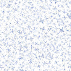 Hand Drawn Snowflakes Christmas Seamless Pattern. Subtle Flying Snow Flakes on chalk snowflakes Background. Alluring chalk handdrawn snow overlay. Good-looking holiday season decoration.