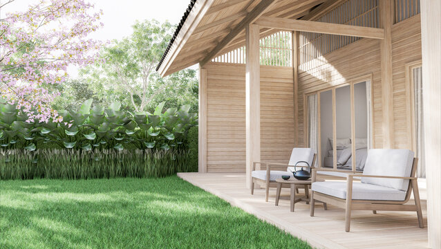 Wooden terrace with green lawn 3d render decorate with white fabric chair