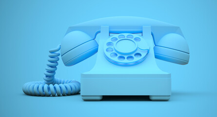 Old blue dial telephone on a blue background. 3d illustration.