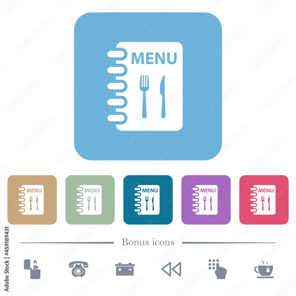 Poster menu with fork and knife flat icons on color rounded square backgrounds