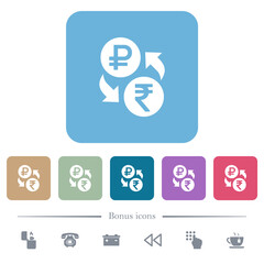 Ruble Rupee money exchange flat icons on color rounded square backgrounds