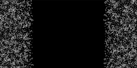 Falling numbers, big data concept. Binary white messy flying digits. Enchanting futuristic banner on black background. Digital vector illustration with falling numbers.