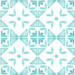 Azulejo watercolor seamless pattern. Traditional Portuguese ceramic tiles. Hand drawn abstract background. Watercolor artwork for textile, wallpaper, print, swimwear design. Blue azulejo pattern.