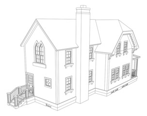 Old house in Victorian style. Illustration on white background. Black and white illustration in contour lines. Species from different sides.