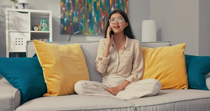 Smiling girl of characteristic beauty is sitting on sofa talking on phone she receives information about promotion, winning award, concours, getting into her dream university, scholarship she is happy