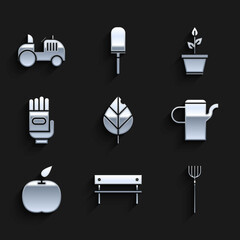 Set Leaf, Bench, Garden pitchfork, Watering can, Apple, gloves, Plant pot and Tractor icon. Vector