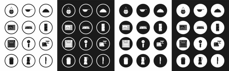 Set Covered with a tray of food, Electronic scales, Microwave oven, Ball tea strainer, Refrigerator, Kitchen colander, meat grinder and Oven icon. Vector