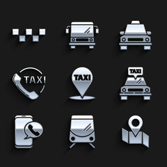 Set Map pointer with taxi, Tram and railway, Folded map location marker, Taxi car, call telephone service, and roof icon. Vector