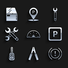 Set Speedometer, Car battery jumper power cable, Brake system warning, Parking, key with remote, Wrench, and door icon. Vector
