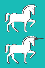 Horse and Unicorn vector illustrations.
Set of two simplified drawings of horse and unicorn one raised hoof, Flat design graphic with bold, heavy black uniform thickness outline.