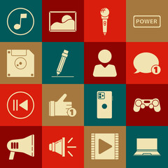 Set Laptop, Gamepad, Speech bubble chat, Microphone, Pencil with eraser, Floppy disk for computer data storage, Music note, tone and Add friend icon. Vector