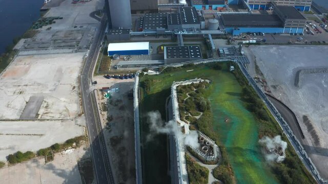 Aerial view of the Amager Bakke, Copenhill Waste-to-Energy Power Plant in Copenhagen with the ski area on the roof. 